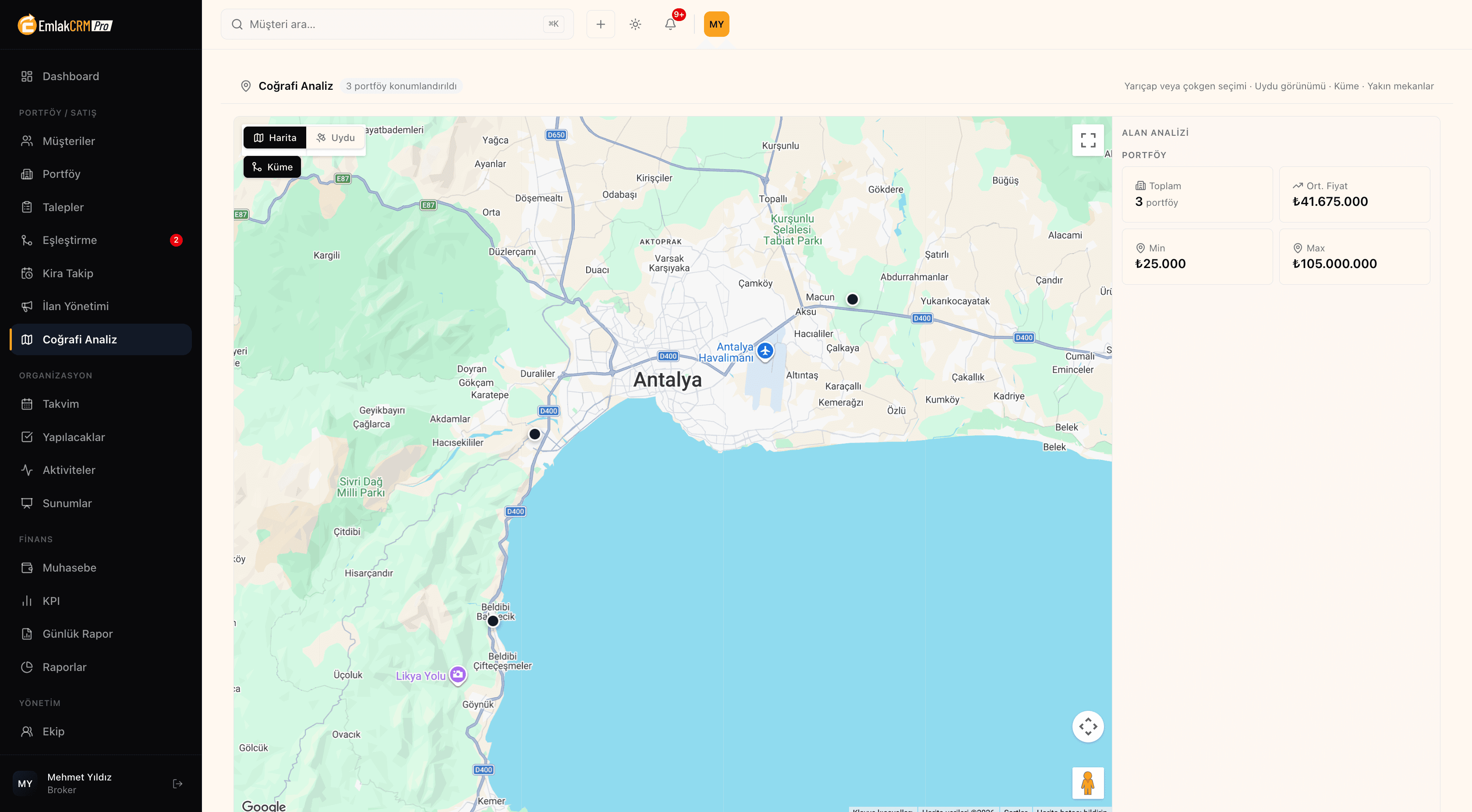CRM coğrafi analiz ekranı: Antalya haritası üzerinde konumlandırılmış portföyler ve seçili alandaki toplam, ortalama, en düşük ve en yüksek fiyatları gösteren alan analizi paneli